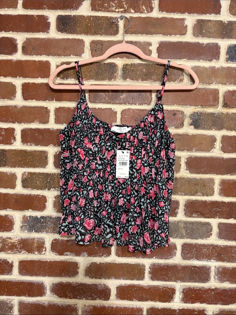 Astr Black Floral Smocked Cami with Pink Roses cropped size small